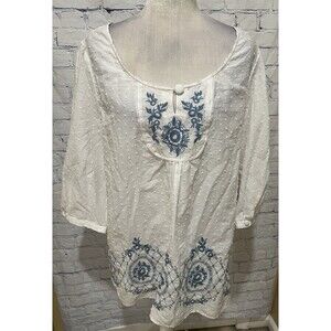 Belle Tweed White Cotton Embroidered Blouse Blue Floral Design plus-size 18W 20W